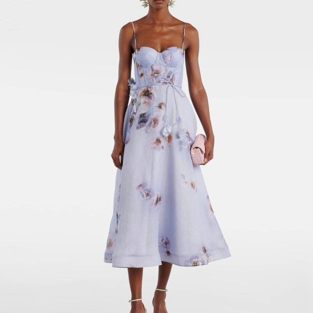 Zimmermann Size 1 Hypnotic Floral Lavender Poppy Silk Linen Dress US Size 6